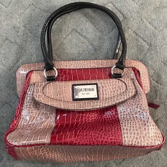 GUESS CALVINA Logo Croco Patent Leather Handbag Purse Satchel Taupe/Multi - Picture 5 of 16